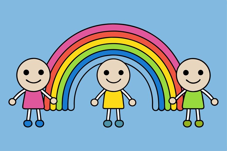 Vetor crianças felizes com ilustrações de arte vetorial de arco-íris