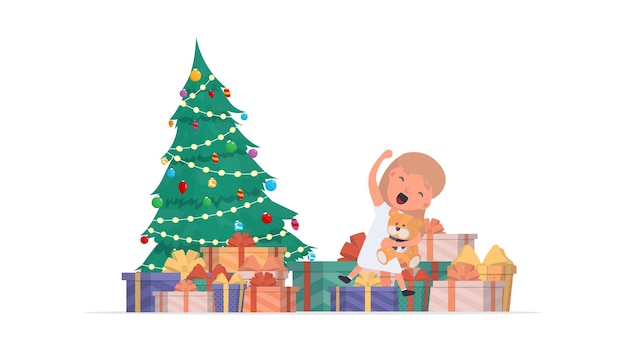 Crianças felizes com presentes. Crianças felizes, caixas de presente, árvore de Natal. Isolado. Vetor.