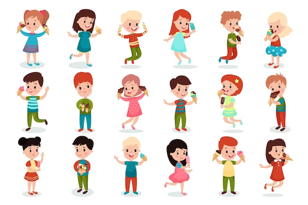 Crianças felizes de pé e segurando sorvete em cone de waffle e em Stick Vector Illustration Set