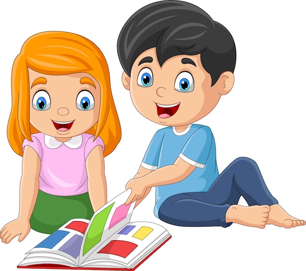Crianças felizes dos desenhos animados, lendo um livro