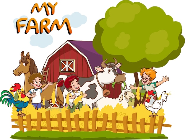 crianças felizes e animais de fazenda. Crianças em cena de fazenda com ilustração de animais