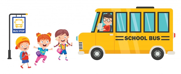 Crianças felizes e ônibus escolar