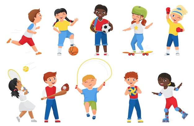 Vetor crianças felizes fazem exercícios esportivos. desenhos animados de personagens esportivos, menino, menina, criança, correr maratona, patinar ou skate, pular corda, jogar futebol, tênis, jogos de beisebol