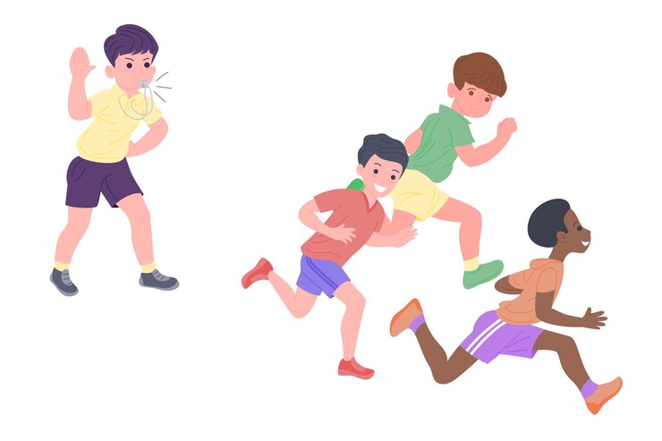 Crianças felizes jogando esportes. Os meninos e a menina estão fazendo exercícios físicos. As crianças brincam de recuperar o atraso. Infância saudável e ativa. Conjunto de ilustração vetorial plana isolado no fundo branco