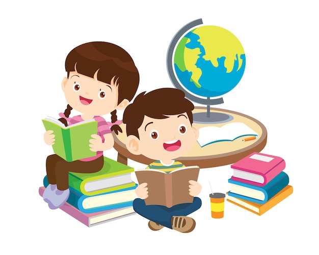 Crianças felizes lendo livro de volta às crianças e livro do conceito de escola
