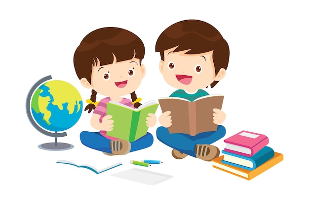 Crianças felizes lendo livro de volta às crianças e livro do conceito de escola
