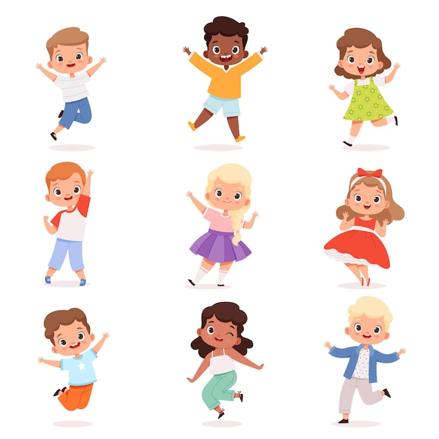 Crianças felizes. lindas crianças brincando em ação posa meninos e meninas de vetor. personagem de ilustração de infância, salto de grupo infantil