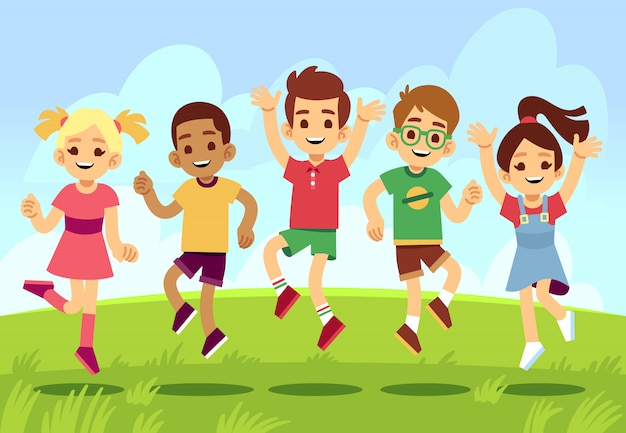 Crianças felizes, meninos e meninas brincando e pulando ao ar livre. Conceito de vetor de férias de verão com desenhos animados exercitando e sorrindo crianças