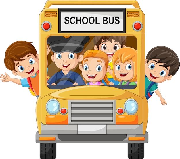 Crianças felizes no ônibus escolar
