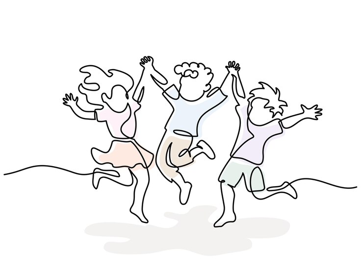Vetor crianças felizes pulando de mãos dadas desenhando uma linha contínua ilustração vetorial em branco
