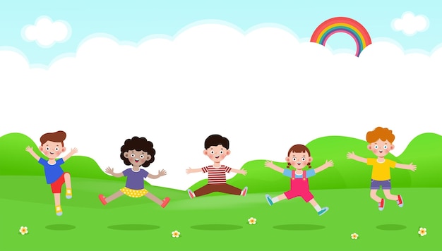 Vetor crianças felizes pulando e dançando juntas no parque atividades infantis crianças brincando ao ar livre