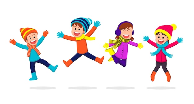 Crianças felizes vestindo roupas de inverno e pulando juntas