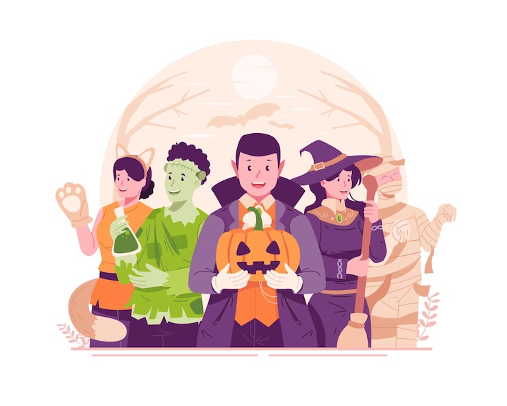 Vetor crianças fofas e felizes vestindo várias fantasias de halloween comemorando o halloween