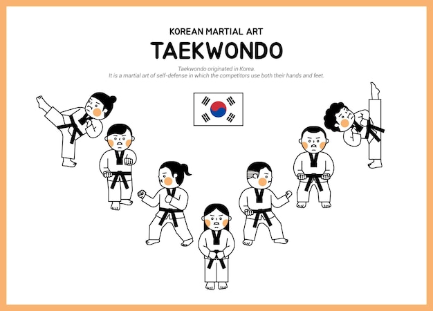 Vetor crianças fofas que fazem taekwondo desenhadas com linhas