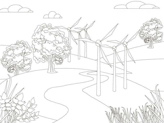 Crianças imaginam arte gerador de vento em pé em um campo de parque em estilo minimalista coloração vetorial plana de desenho animado