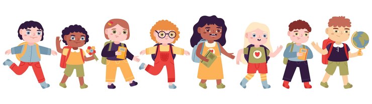Vetor crianças indo para a escola. meninos e meninas indo para o ensino fundamental, alunos felizes com mochilas prontas