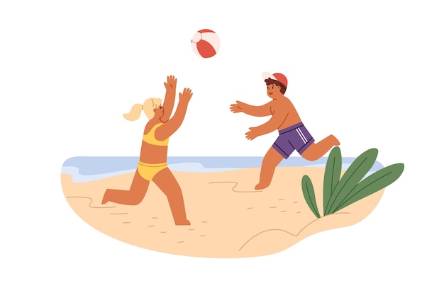 Crianças jogando bola na praia do mar. crianças felizes se divertindo na costa de areia nas férias de verão. menina e menino em trajes de banho no litoral no lazer. ilustração vetorial plana isolada no fundo branco