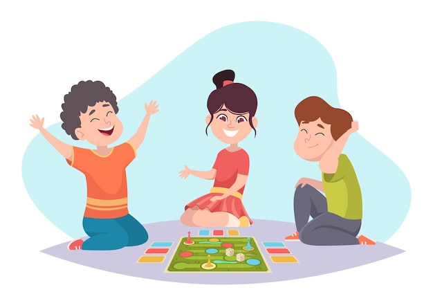 Vetor crianças jogando jogos de tabuleiro ocupação em casa para cartões de loteria de família grande xadrez dominó ilustração exata do fundo dos desenhos animados menina e criança jogam tabuleiro de jogo