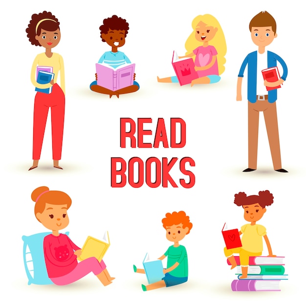 Vetor crianças lendo livros e apreciando a literatura conjunto meninos e meninas felizes