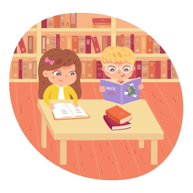 Crianças lendo livros na biblioteca da escola Crianças inteligentes felizes aprendendo atividade menina e menino sentados à mesa juntos