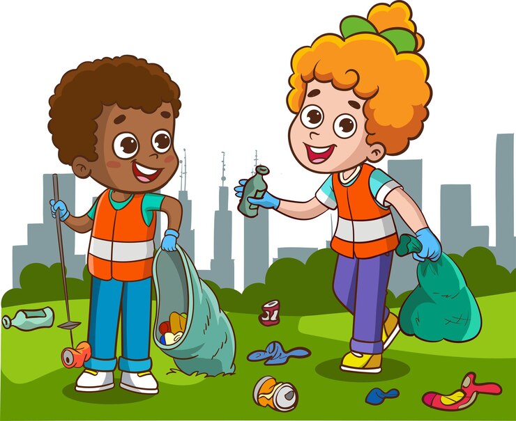 Vetor crianças limpam jardim ou parque de lixo voluntários coletando garrafas e latas de plástico