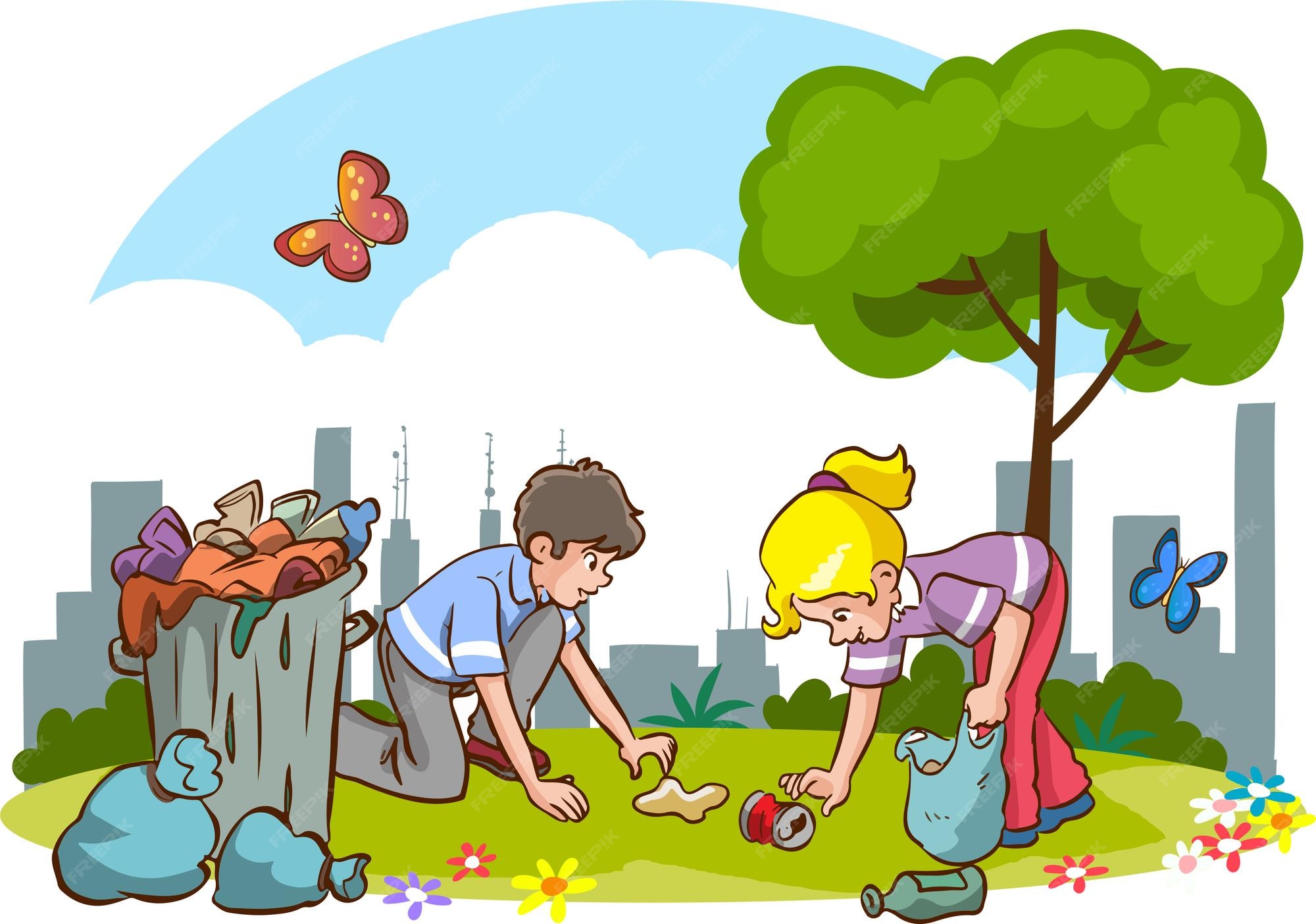 crian-as-limpando-o-ambiente-do-vetor-de-desenhos-animados-de-lixo