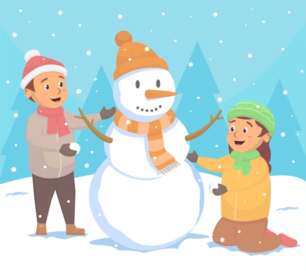 Crianças lindas fazendo ilustração de boneco de neve