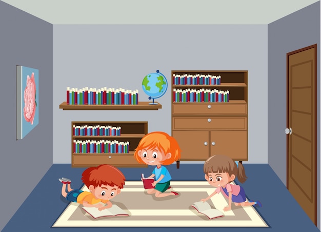 Crianças, livro leitura, em, biblioteca, sala