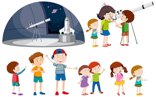 Crianças lúdicas usando coleção de vetores de telescópios