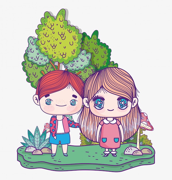 Crianças, Menino E Menina Anime Desenho Animado Floresta Campo