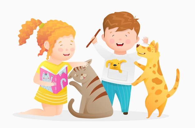 Vetor crianças menino e menina brincando com animais de estimação. crianças brincando com animais cão e gato, acariciando, lendo um livro para o gatinho, jogando o pau para o cachorro. estilo aquarela mão desenhada dos desenhos animados para crianças.