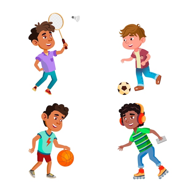 Crianças meninos jogam jogo de esporte em vetor de conjunto de playground. crianças jogando futebol e basquete com tempo ativo de jogo, badminton e patins em linha. personagens plana ilustrações de desenho animado