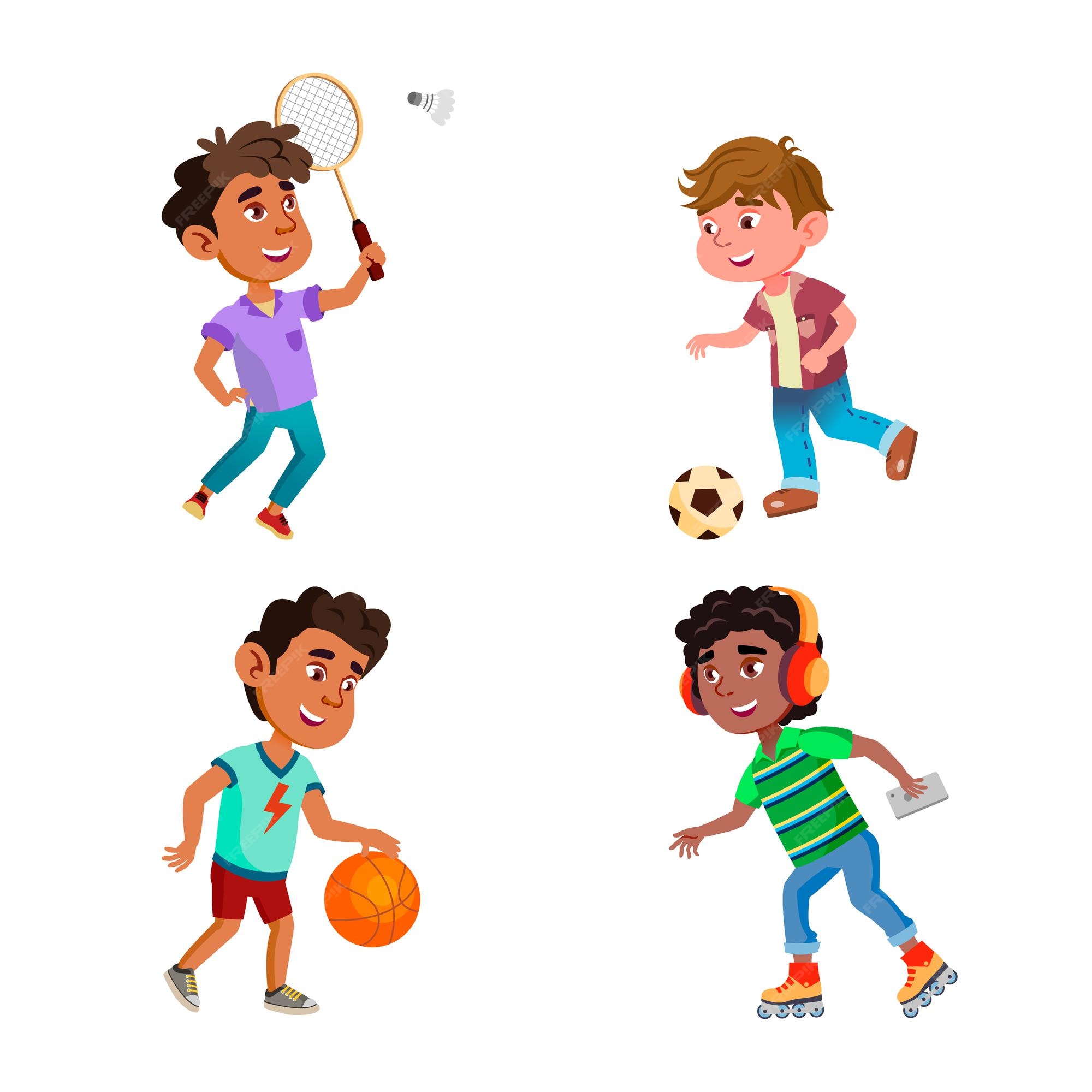 Meninos crianças jogando futebol, esporte, jogo, conjunto de