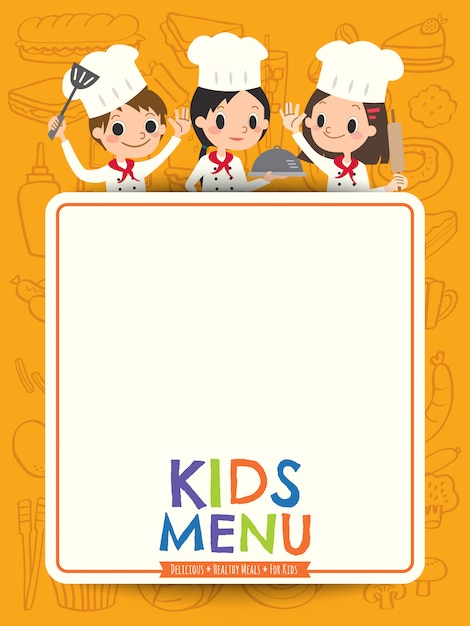 Crianças menu jovem chef crianças com desenhos animados de placa de menu em branco