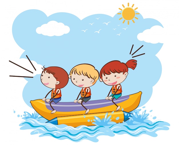 Crianças, montando, banana, bote