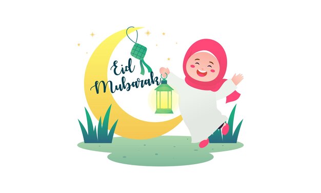 Crianças muçulmanas bonitas celebram o Eid Mubarak com lanternas e ilustrações de Ketupat