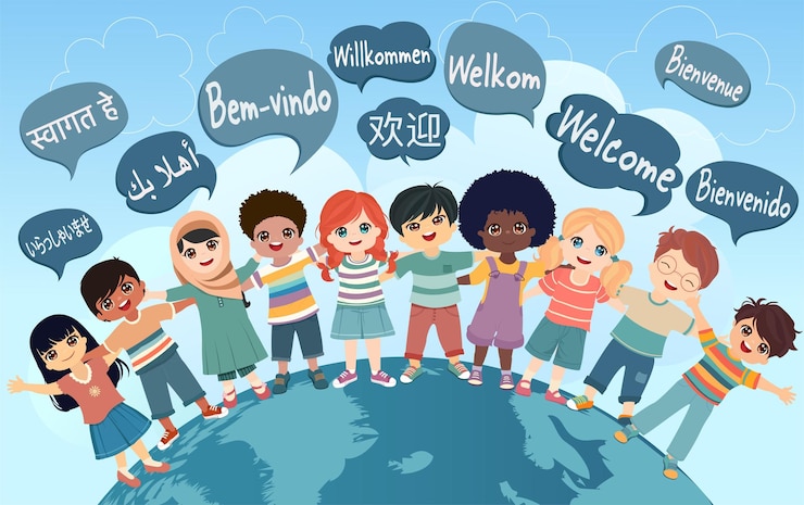 Vetor crianças multiculturais abraçando bolhas de fala com texto bem-vindo em várias línguas internacionais