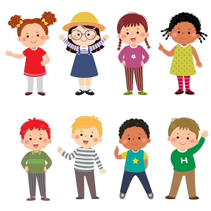 Vetor crianças multiculturais em diferentes posições isoladas
