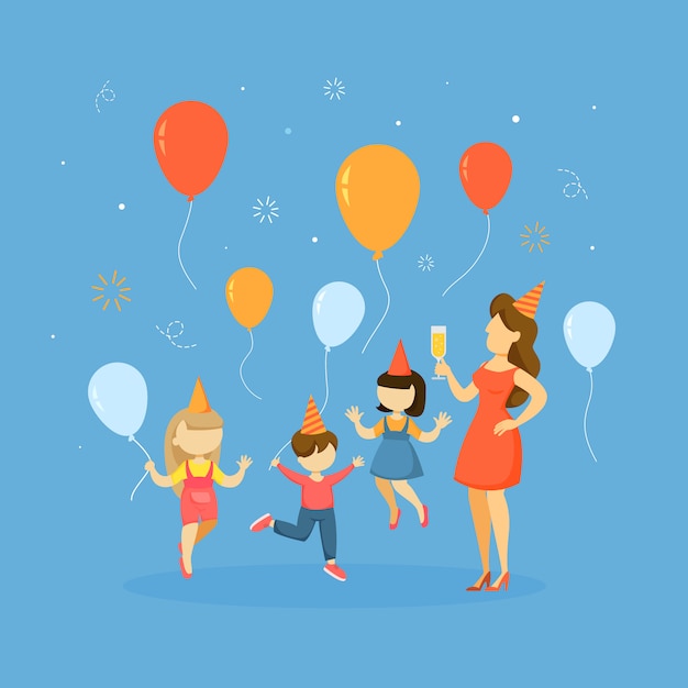 Crianças na festa de chapéu com balões.