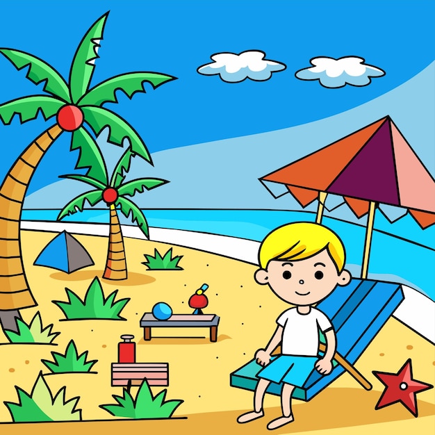 Vetor crianças na praia areia brincar cadeira paisagem férias de verão férias espreguiçadeiras guarda-chuvas