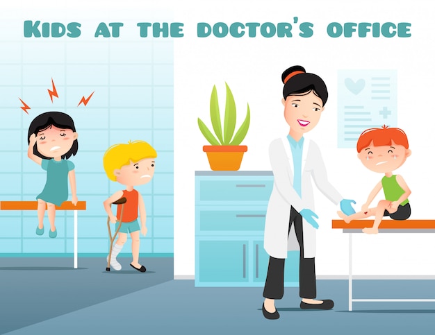 Crianças no escritório de médicos cartoon ilustração vetorial com pediatra e chorando menino doente e ilustração vetorial plana de menina