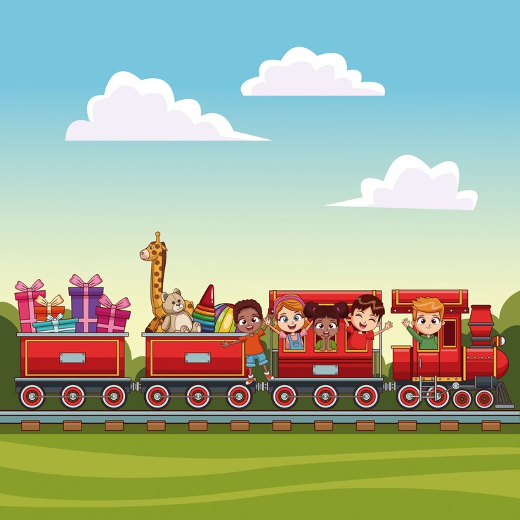 Vetor crianças no trem sobre a paisagem