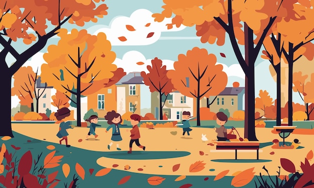 Crianças paisagísticas brincam no quintal no outono em ilustração de estilo simples