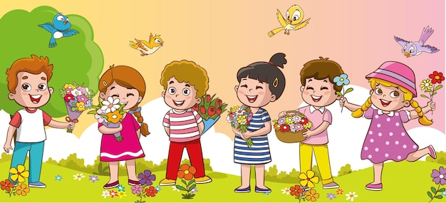 Crianças pequenas a colher flores e a cheirar o cheiro.