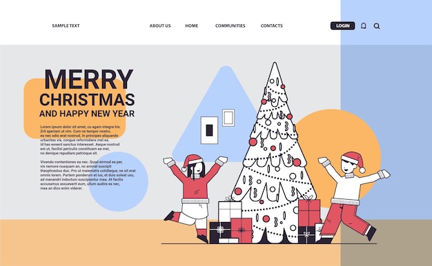 crianças pequenas com gorros de Papai Noel felizes em encontrar presentes perto da árvore do abeto ano novo feriados de natal conceito cópia espaço ilustração vetorial linear