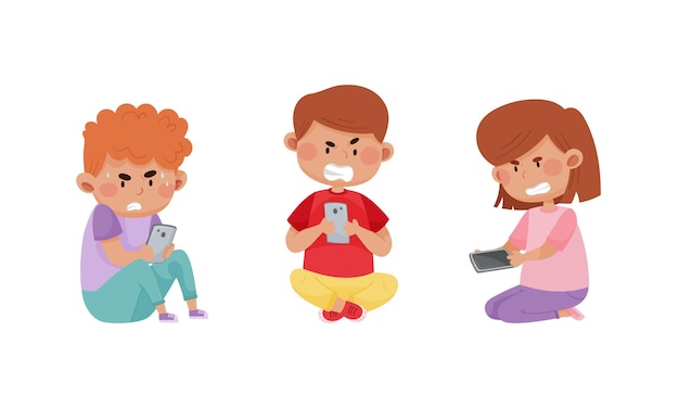 Vetor crianças pequenas com smartphones e expressão frustrante em seus rostos conjunto de ilustrações vetoriais