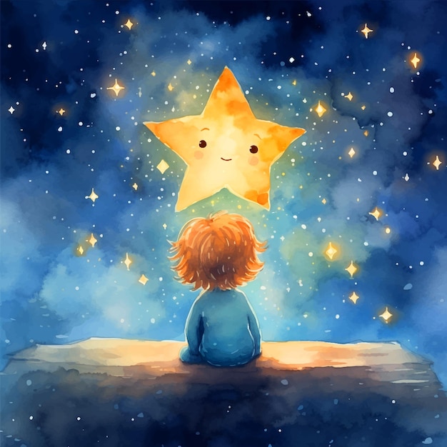Vetor crianças pequenas olhando para uma grande estrela na galáxia a aquarela pintada