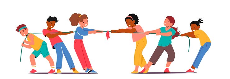 Vetor crianças personagens jogam tug of war espirito jogo de equipe onde grupos opostos puxam nas extremidades opostas de uma corda com o objetivo de puxar a outra equipe sobre uma linha designada ilustração vetorial de pessoas de desenhos animados