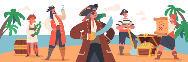 Vetor crianças piratas na ilha secreta personagem engraçado usam trajes picaroon com baú de tesouro ou garrafa com mensagem