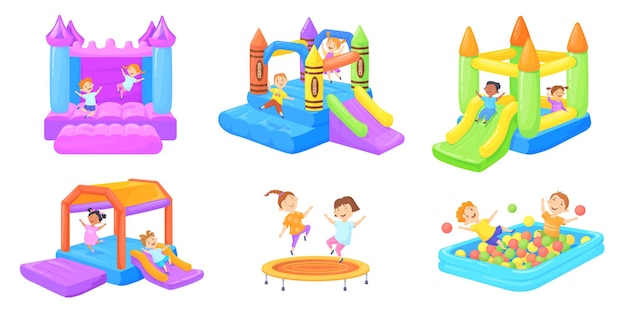 Crianças playgrounds infláveis crianças jogam bolas na piscina de borracha pulando no trampolim bouncy slide castelo de ar verão sala de jogos salto criança evento parque vetor ilustração de parque inflável para jogar